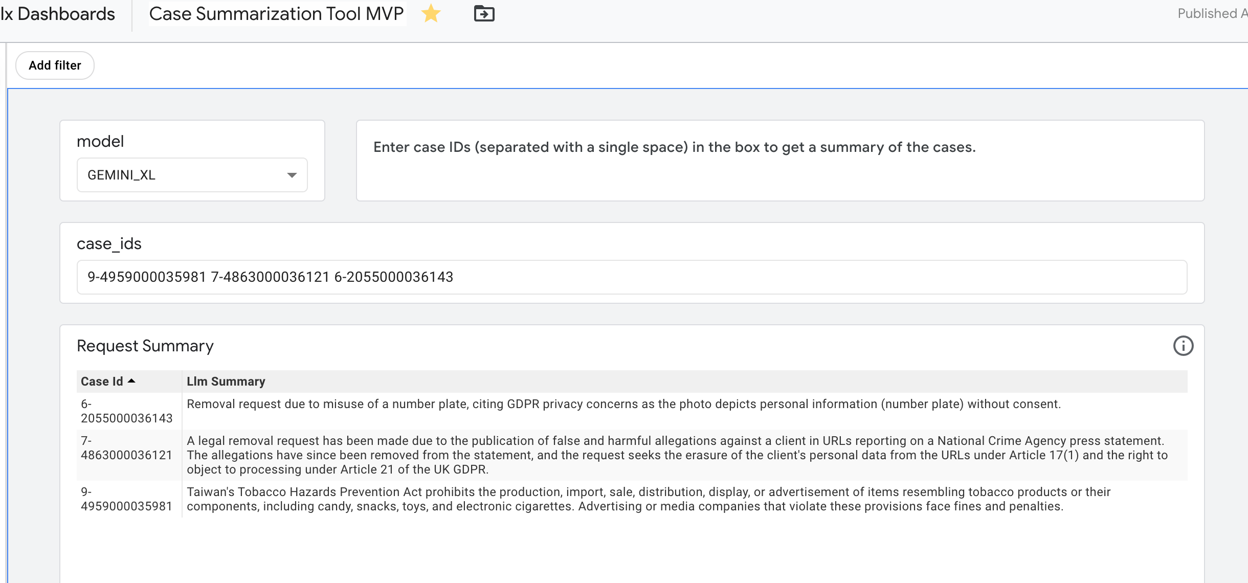Case Summarization Tool MVP interface with Gemini model selector and on-demand case ID lookup
