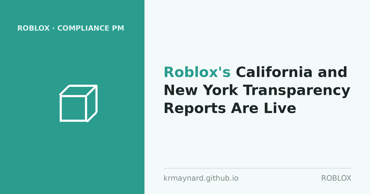 Article header: Roblox's California and New York Transparency Reports Are Live